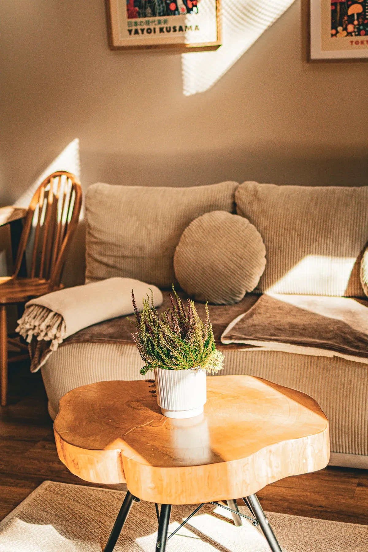 A sofa and wooden table in the living room