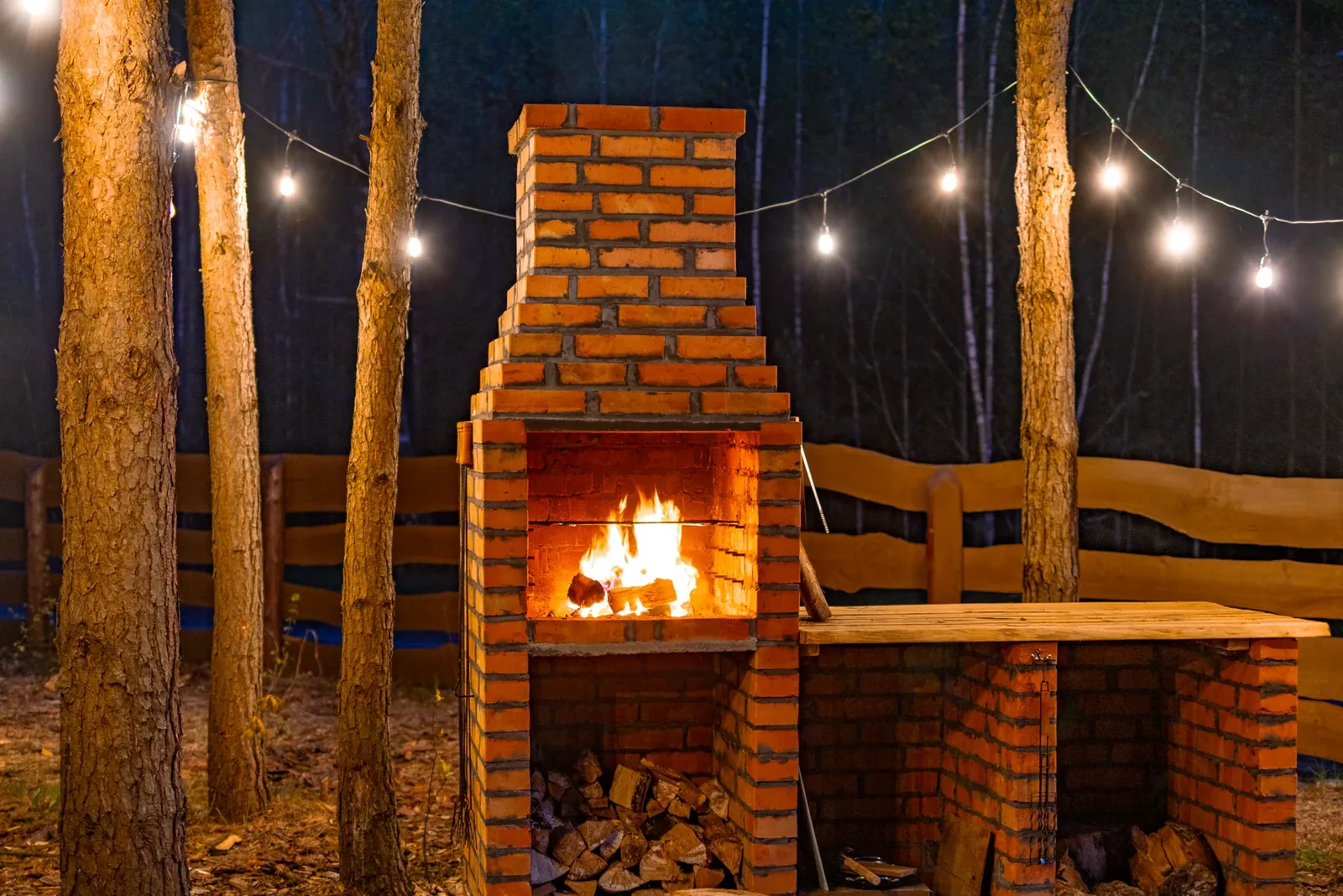 Fire in the brick barbecue after dark