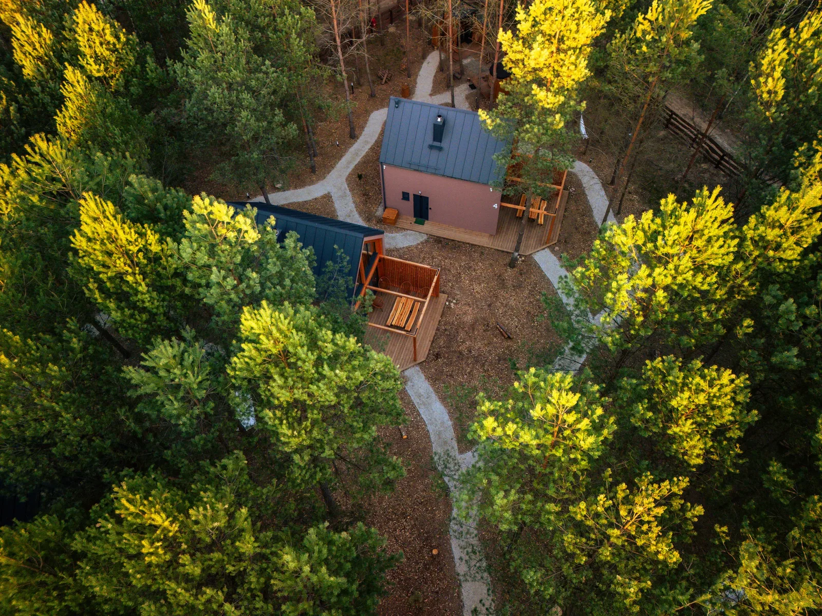 Cabins among green treetops