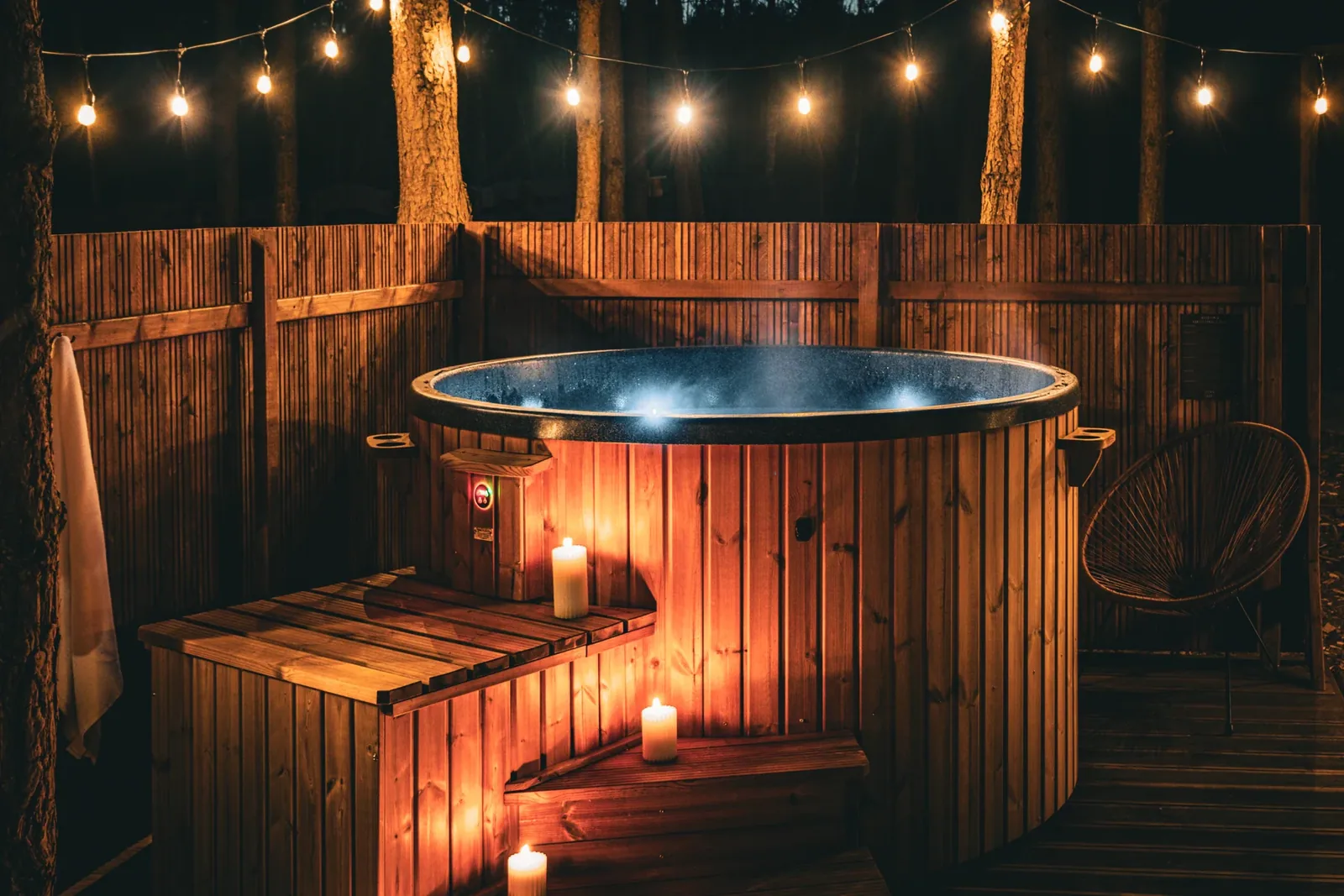 An evening hot tub under the lights