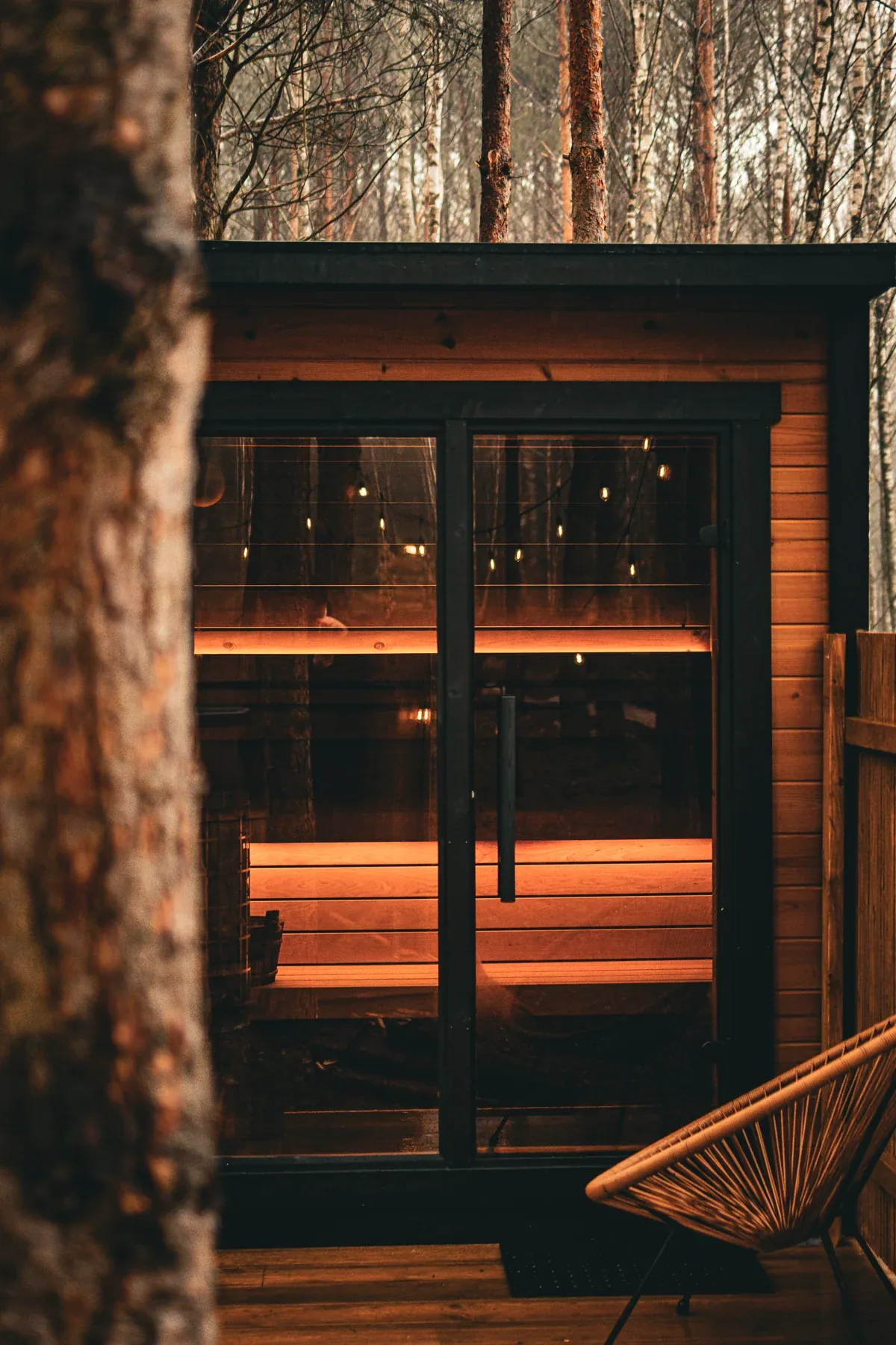 The illuminated entrance to the sauna