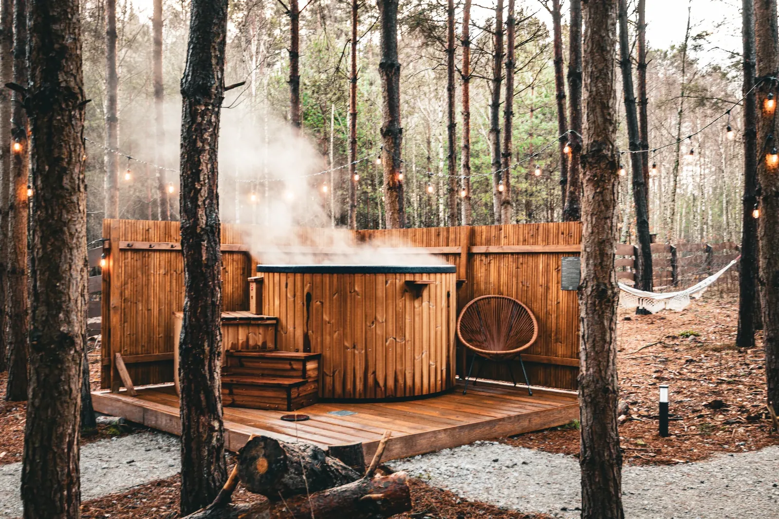 A steaming hot tub among snow-covered pines