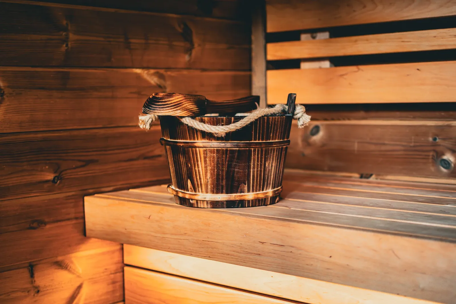 The wooden interior of the Finnish sauna