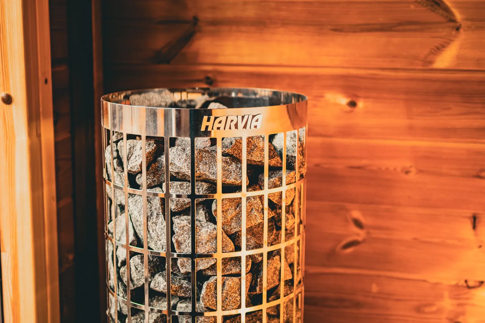 The heater and stones in the sauna