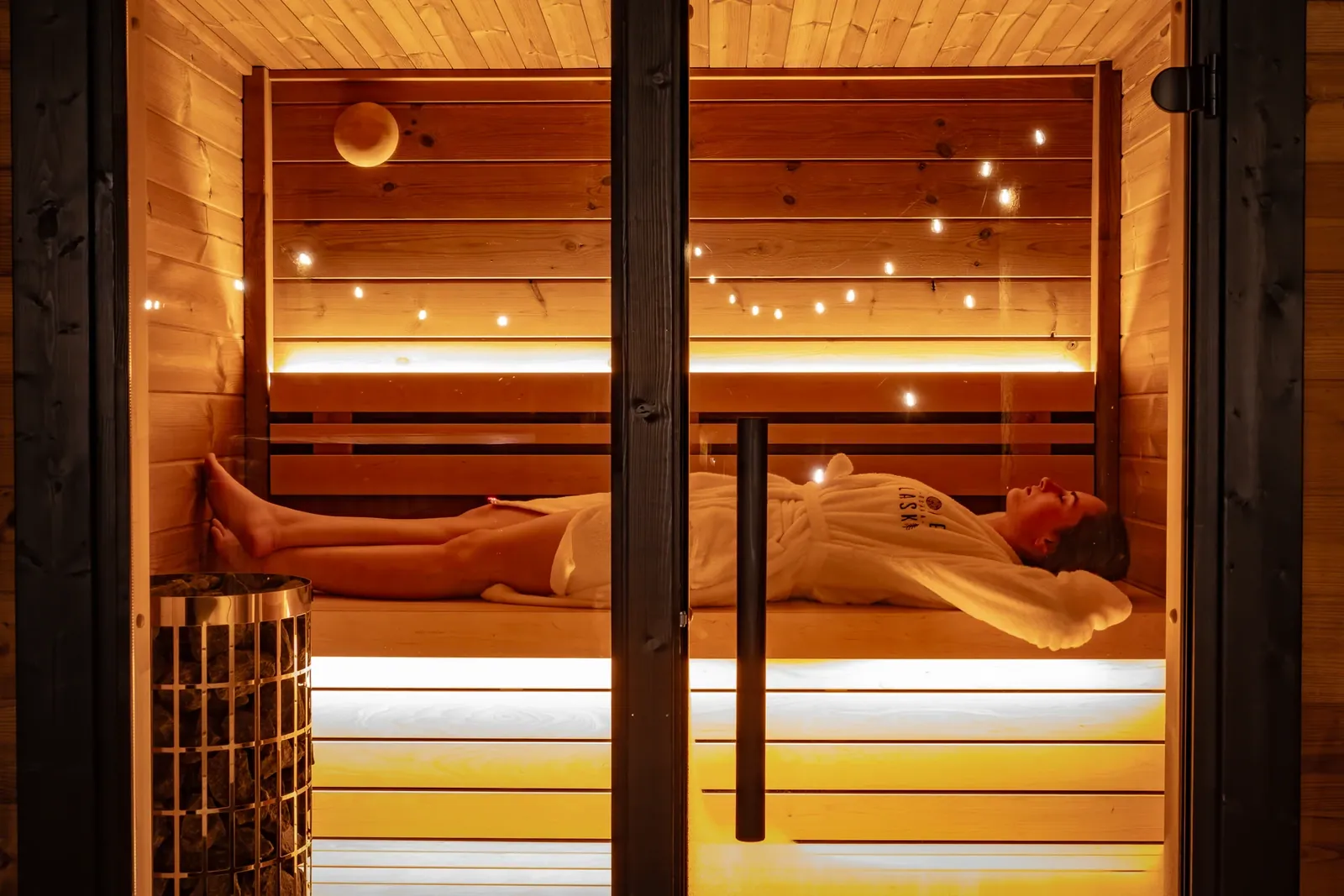 The sauna interior seen through its glass door