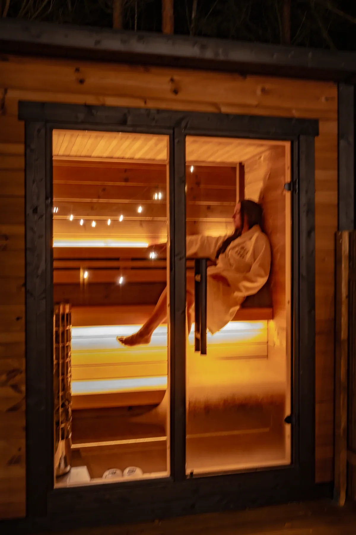 Sauna benches in warm light