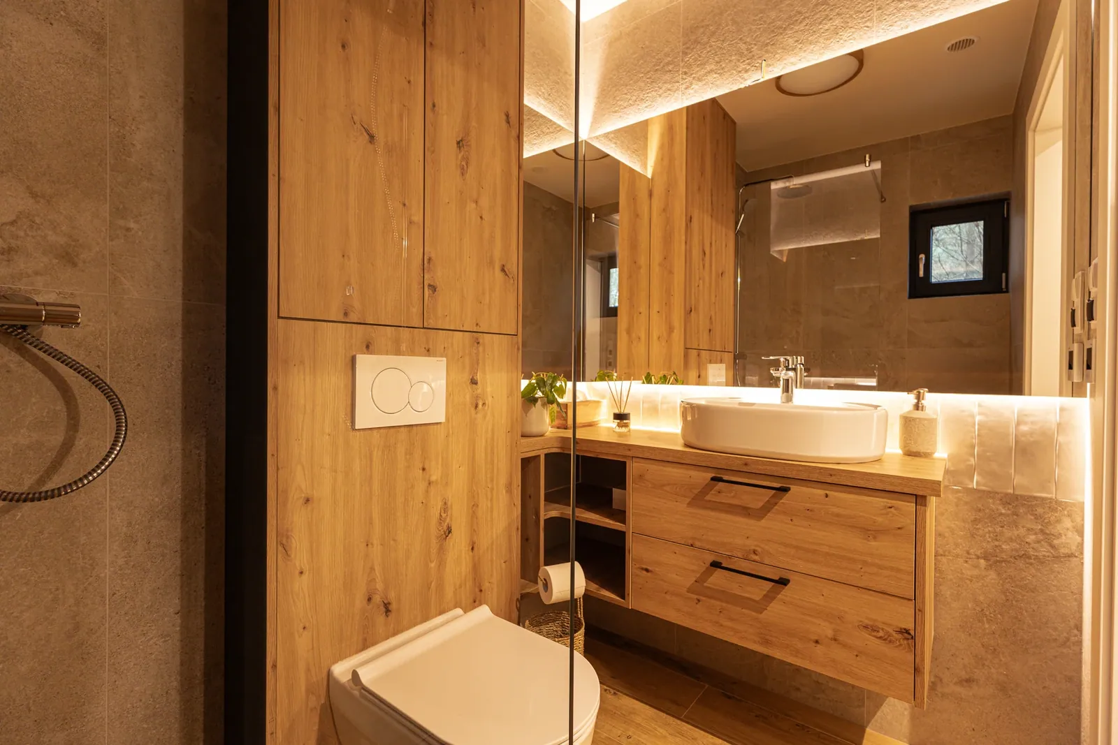 A wooden cabin bathroom