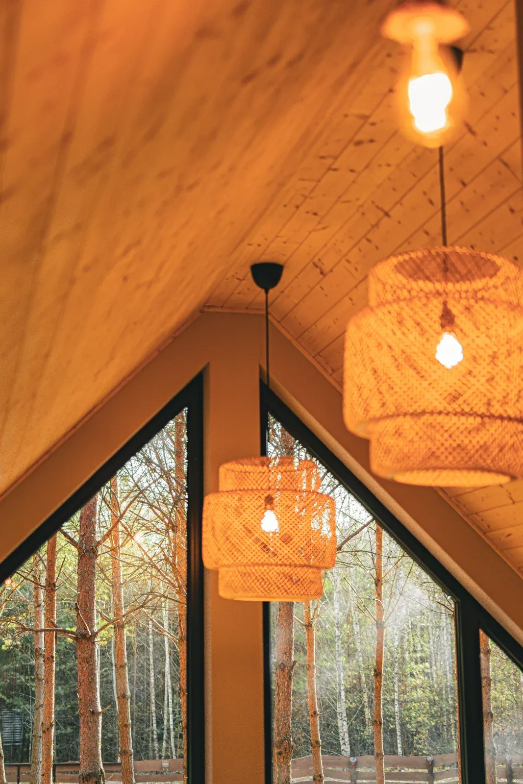 The wooden ceiling and lights on the mezzanine