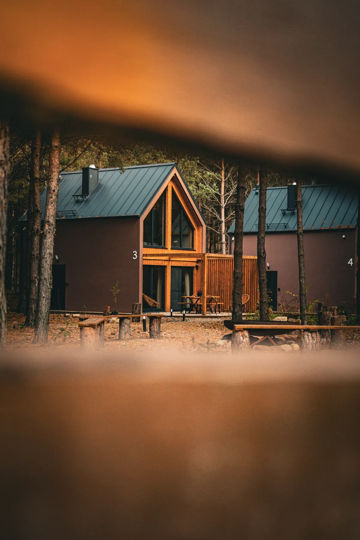 Cabin lights seen through the trees