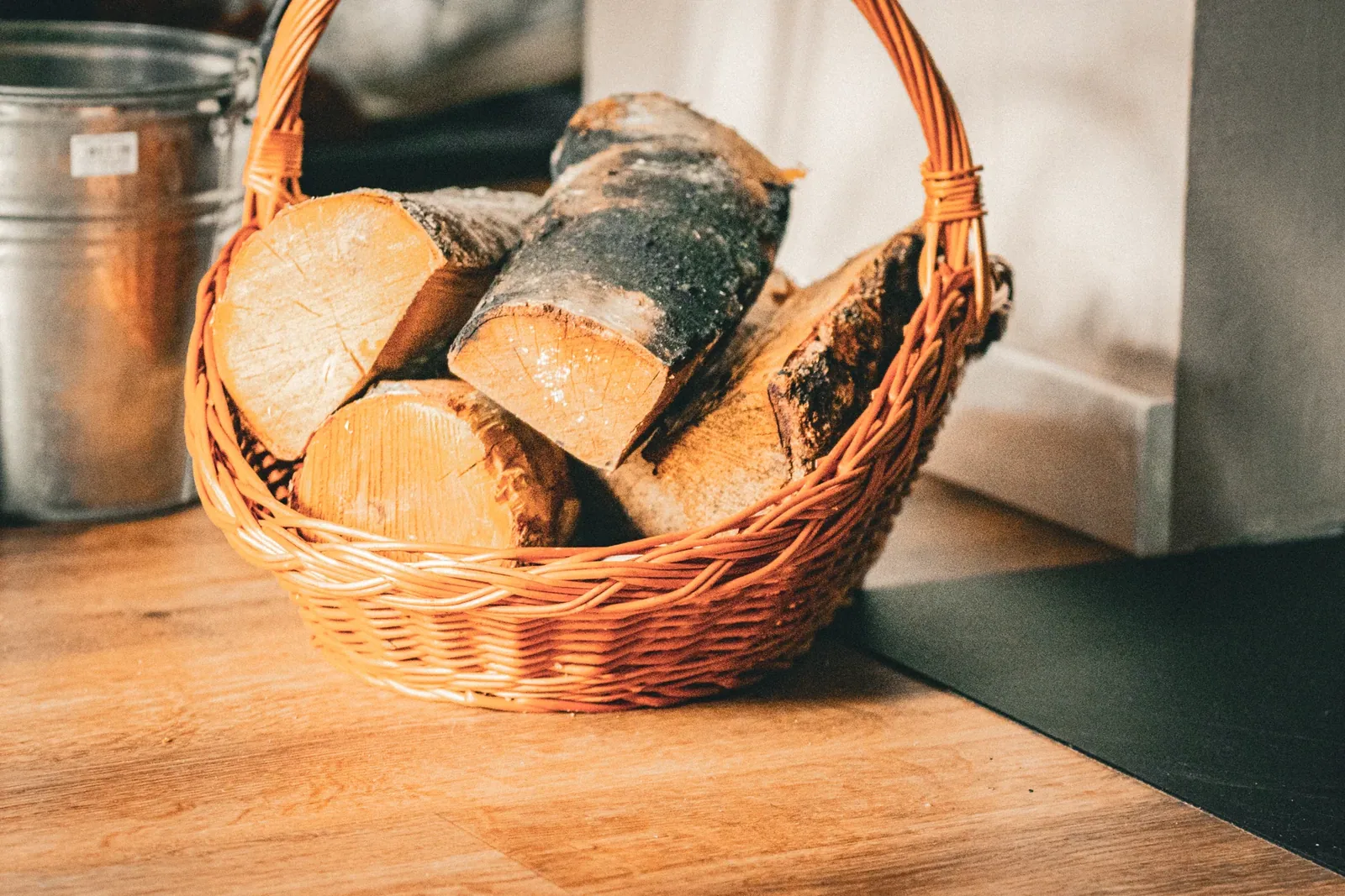 A basket of firewood ready for the fireplace
