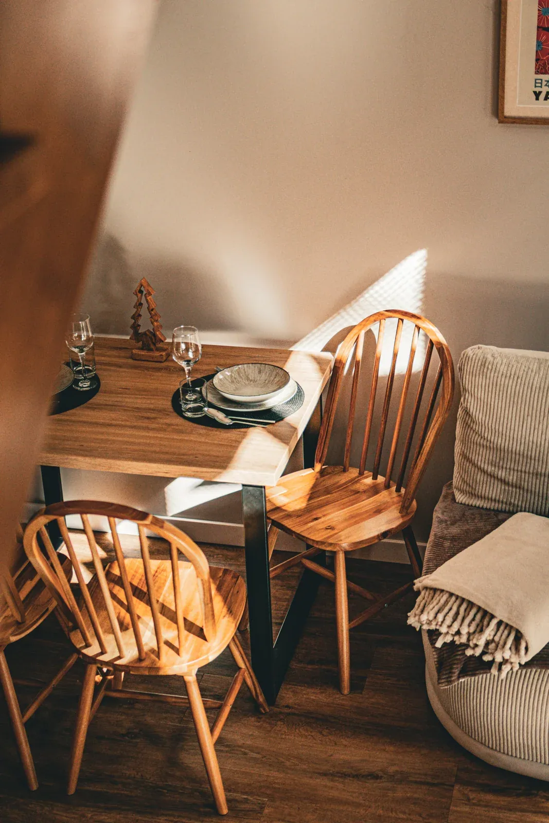 A sofa and table in the sunlit interior