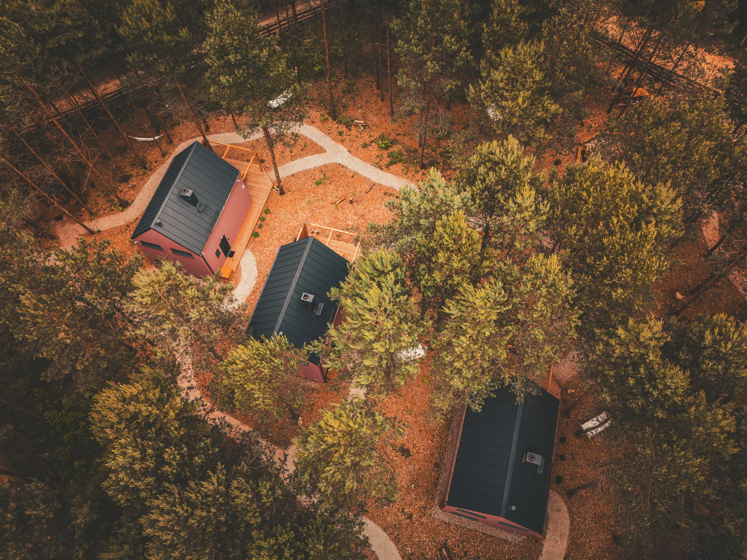 An aerial view of the cabins and paths